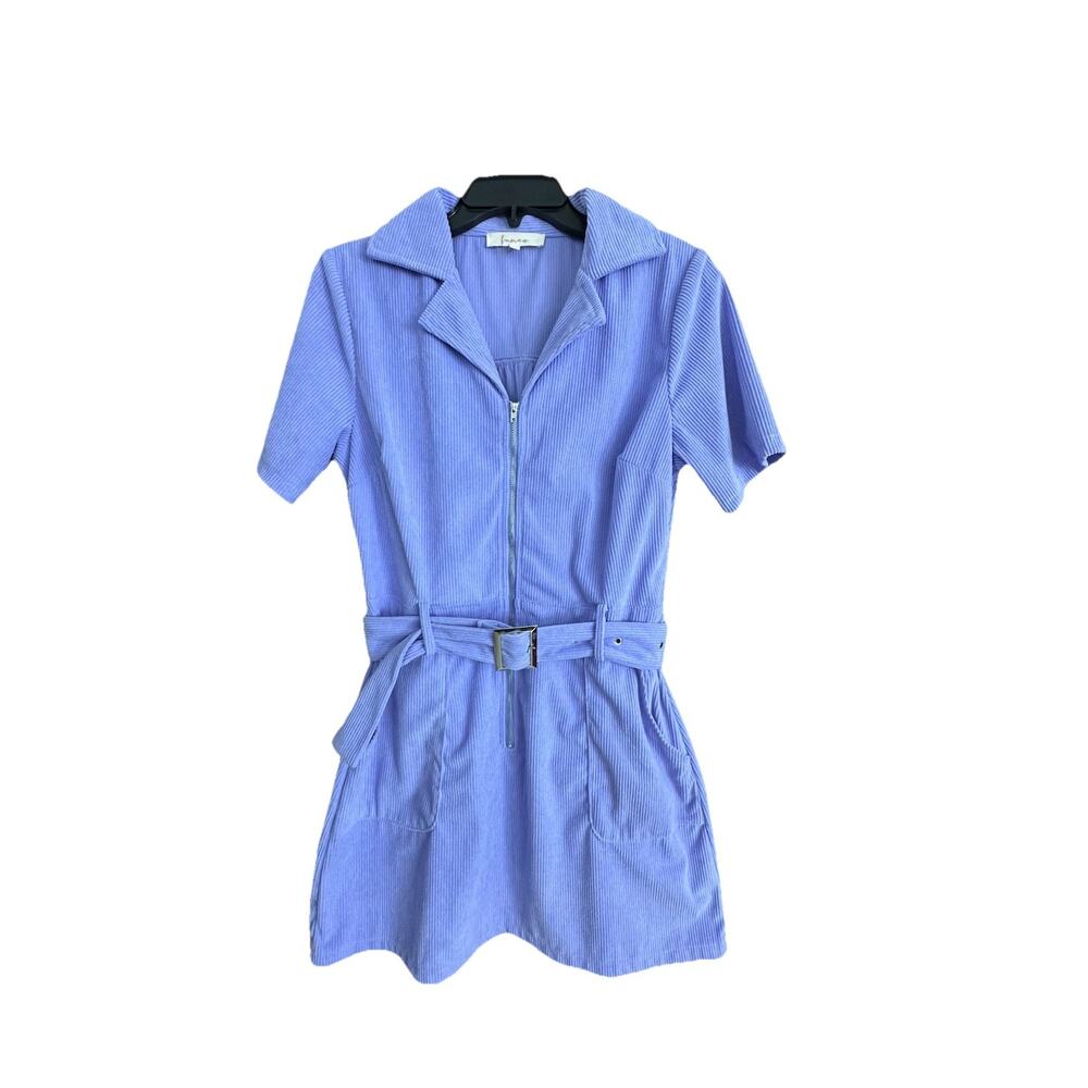 Women's M Lilac Corduroy Mini Dress Pockets Belt Zip Close Collar Travel Boiler